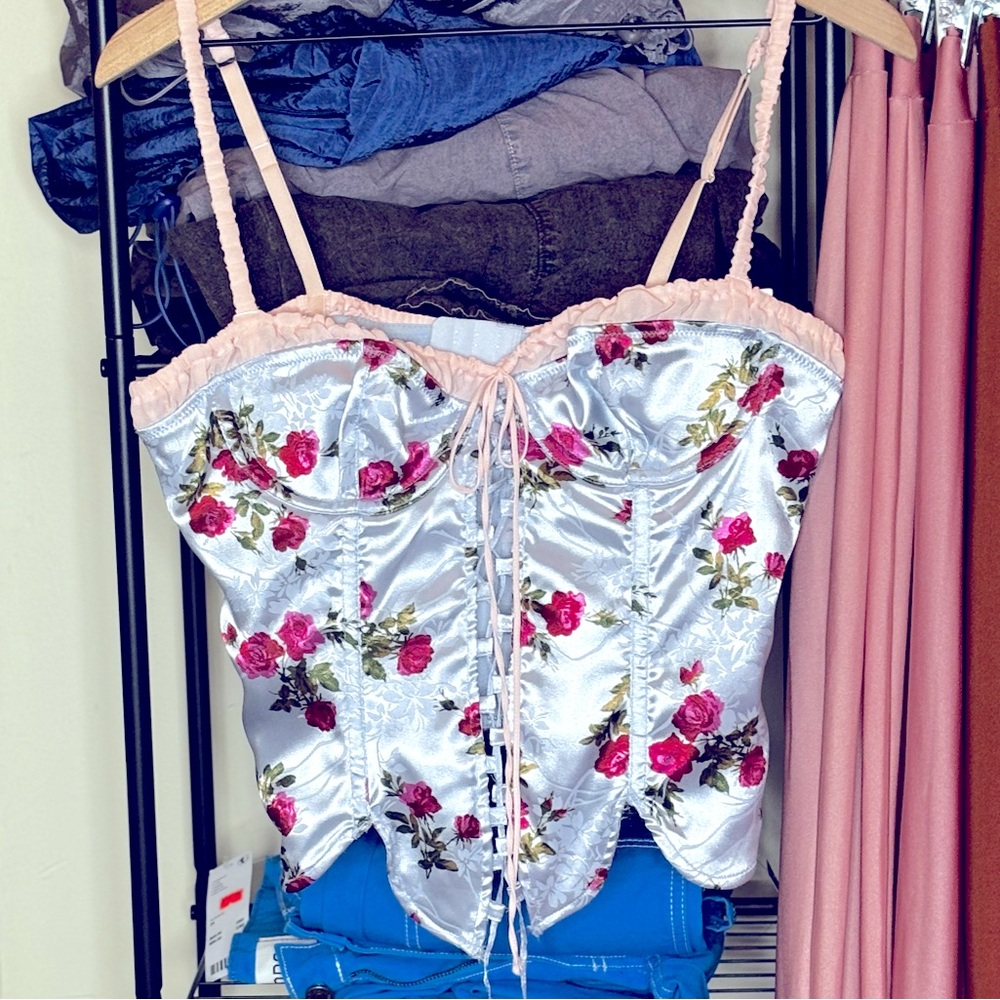 Blue with Pink Trim Rose Print Corset